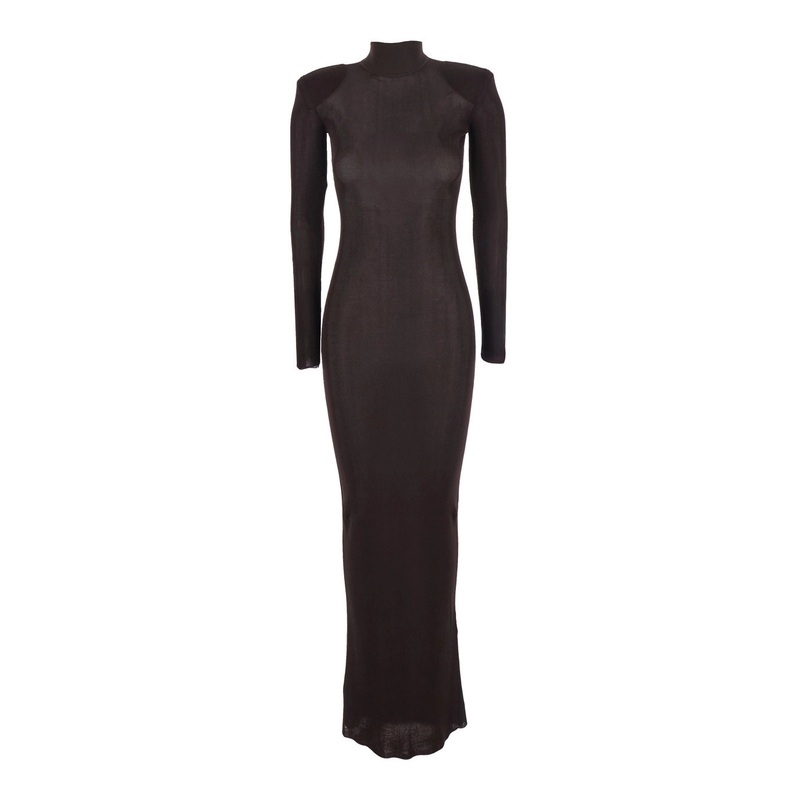 Brown Turtleneck Long Dress with Shoulder Pads in Viscose Woman
