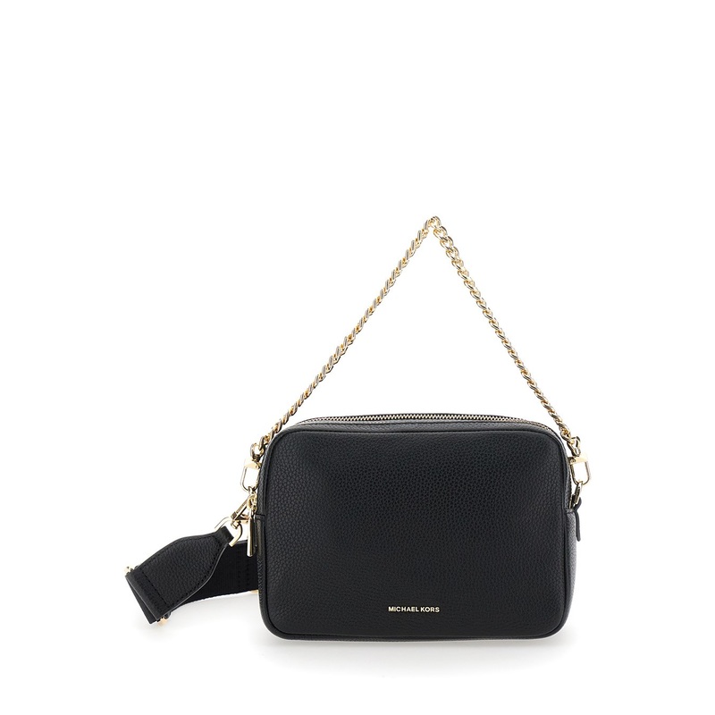 ‘Bryant’ Black Shoulder Bag with Logo Lettering on the Front and Chain Shoulder Strap in Hammered Leather Woman