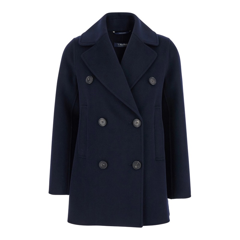 ‘Caban’ Blue Coat with Notched Revers and Half Belt in Wool Woman