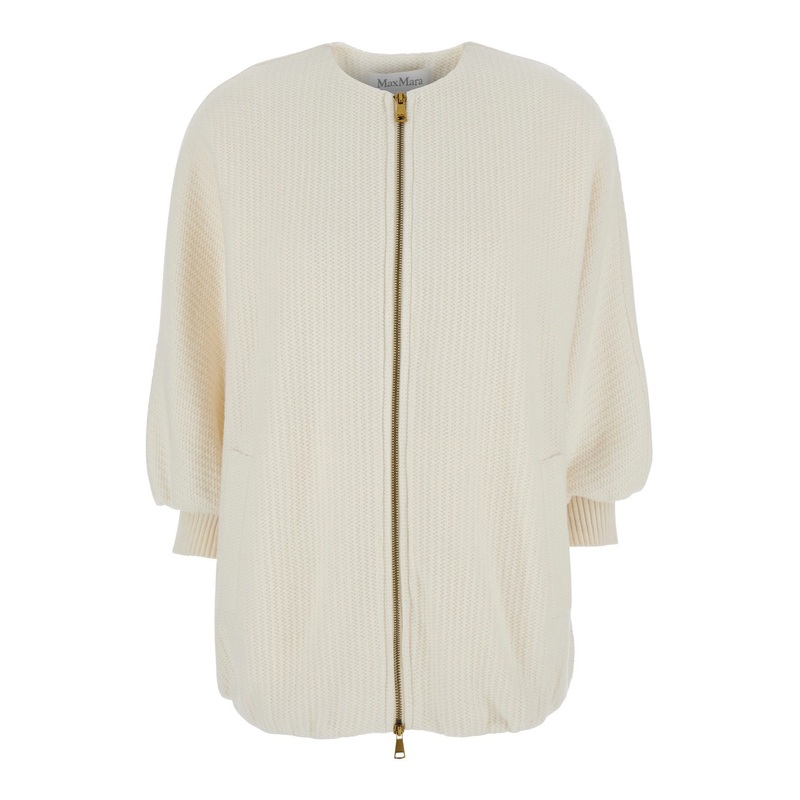 ‘Cirino’ White Crewneck Knit Jacket with Logo Patch on the Rear in Wool and Cashmere Woman