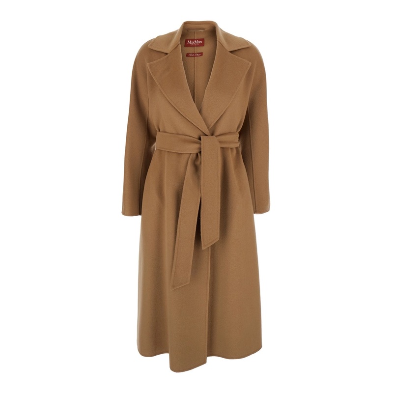 ‘Cles’ Beige Coat with Notched Collar and Front Adjustable Belt Closure in Wool and Cashmere Blend Woman