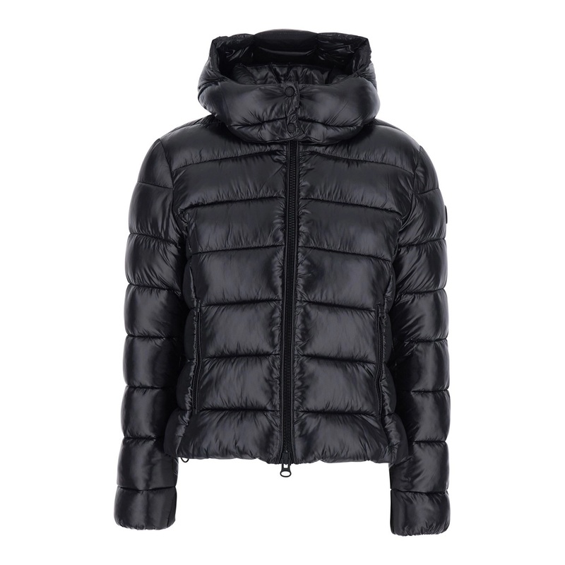 ‘Cosmary’ Black Down Jacket with Removable Hood and Logo Patch on the Sleeve in Tech Fabric Woman