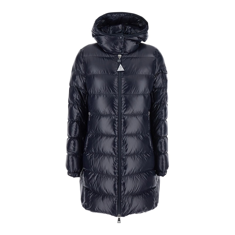 ‘Courcelles’ Blue Down Jacket with Fixed Hood and Logo Patch on the Sleeve in Tech Fabric Woman
