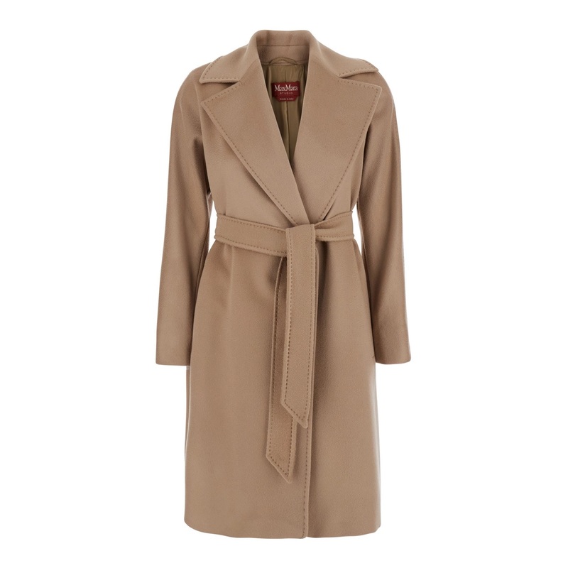 ‘Dravenna’ Beige Flared Coat with Wide Notched Revers and Front Belt Closure in Wool Woman