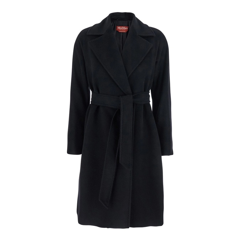 ‘Dravenna’ Black Flared Coat with Wide Notched Revers and Front Belt Closure in Wool Woman