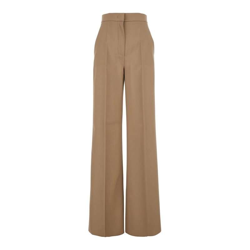 ‘Fernet’ Beige Pants with Wide Leg and Logo Lettering on the Rear in Wool Woman