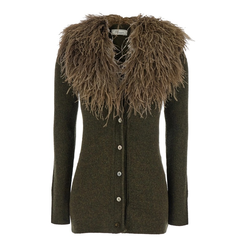 Green Cardigan with Removable Feather Collar in Wool Woman