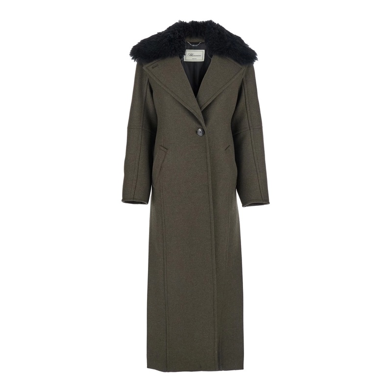 Green Coat with Classic Lapels and Removable Collar in Wool Blend Woman
