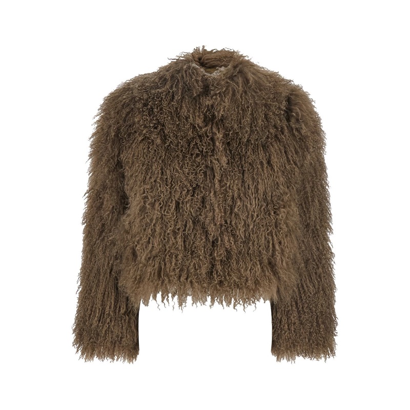 Green Cropped Fur Jacket with Concealed Front Closure in Shearling Fur Woman