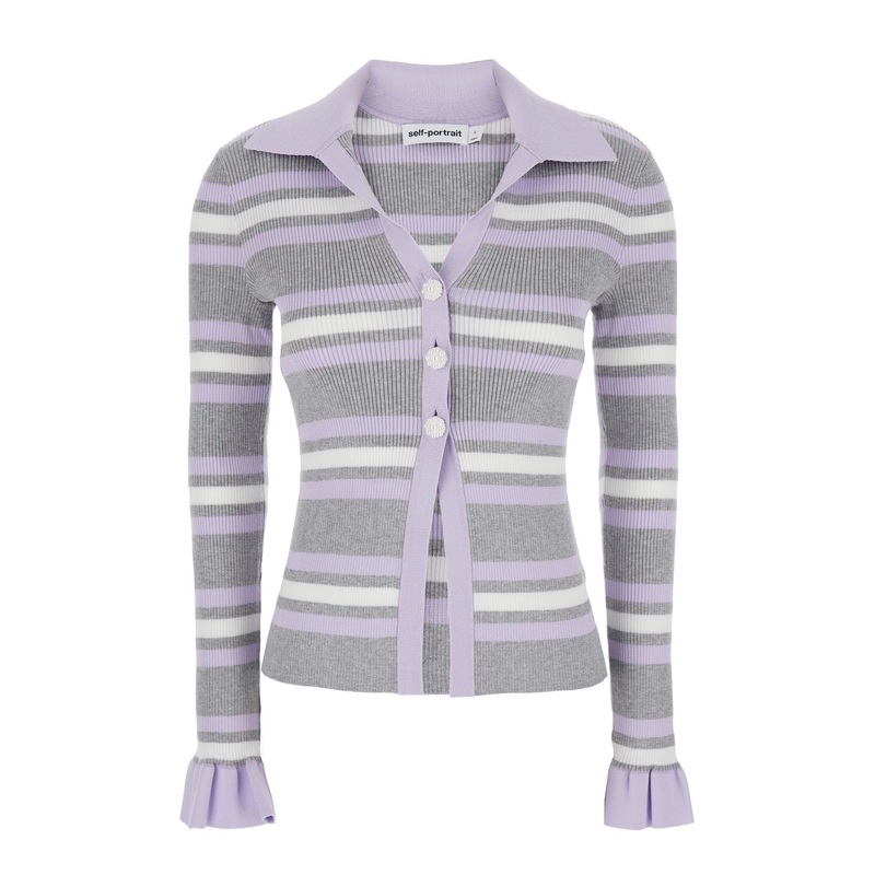 Grey Cardigan with Spread Collar and All-Over Striped Motif in Viscose Blend Woman