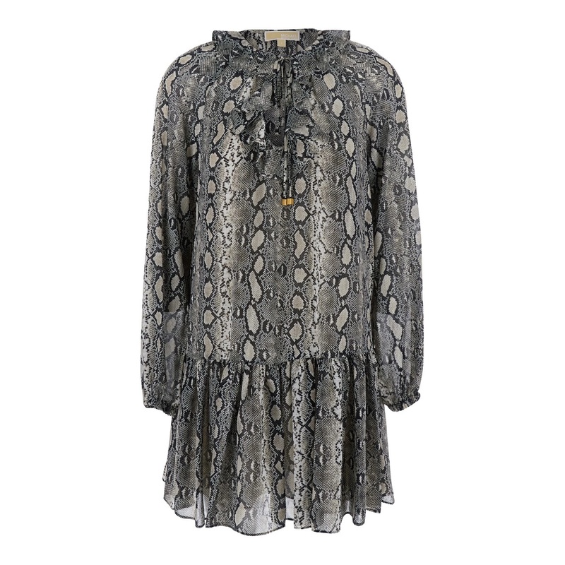 Grey Crewneck Mini Dress with Long Puffed Sleeves and All-Over Snakeskin Print in Tech Fabric Woman