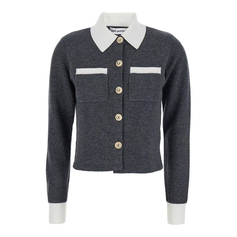 Grey Cropped Cardigan with Contrasting Classic Collar and Two Front Patch Pockets in Wool Blend Woman