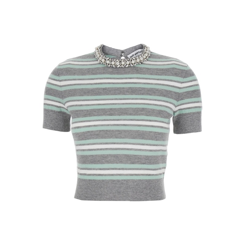 Grey Cropped Top wih Crewneck with Crystal Embellishments and All-Over Striped Motif in Wool Blend Woman