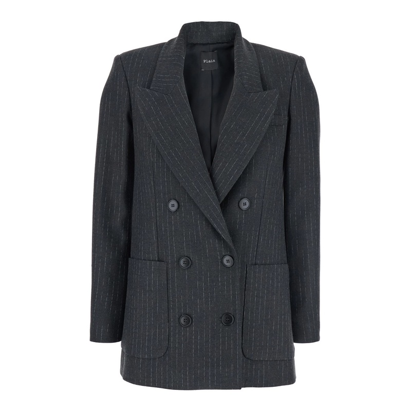 Grey Double-Breasted Jacket with Peak Revers and All-Over Striped Motif in Wool Blend Woman
