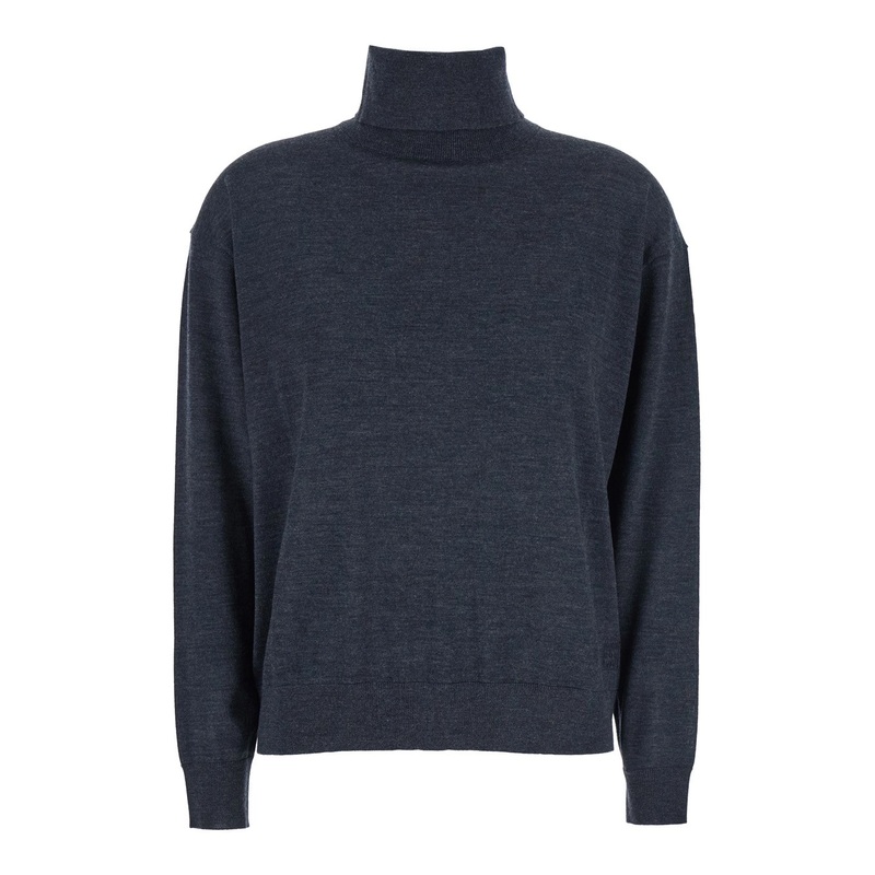 Grey Turtleneck Sweater with Ribbed Trims in Wool Woman