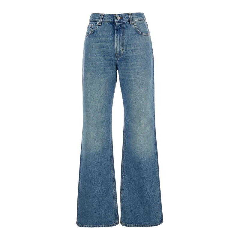 ‘Korea’ Blue Jeans with Wide Leg and Logo Patch on the Rear in Denim Woman