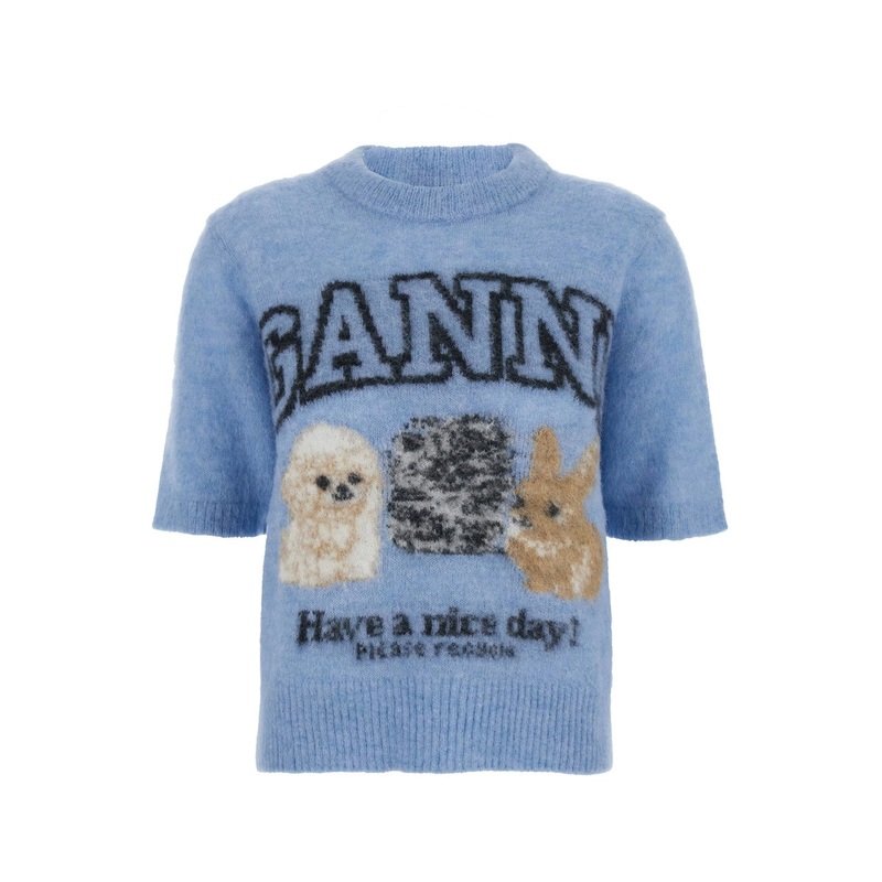 Light Blue Crewneck T-Shirt with Maxi Logo Embroidery on the Front in Wool Blend Woman