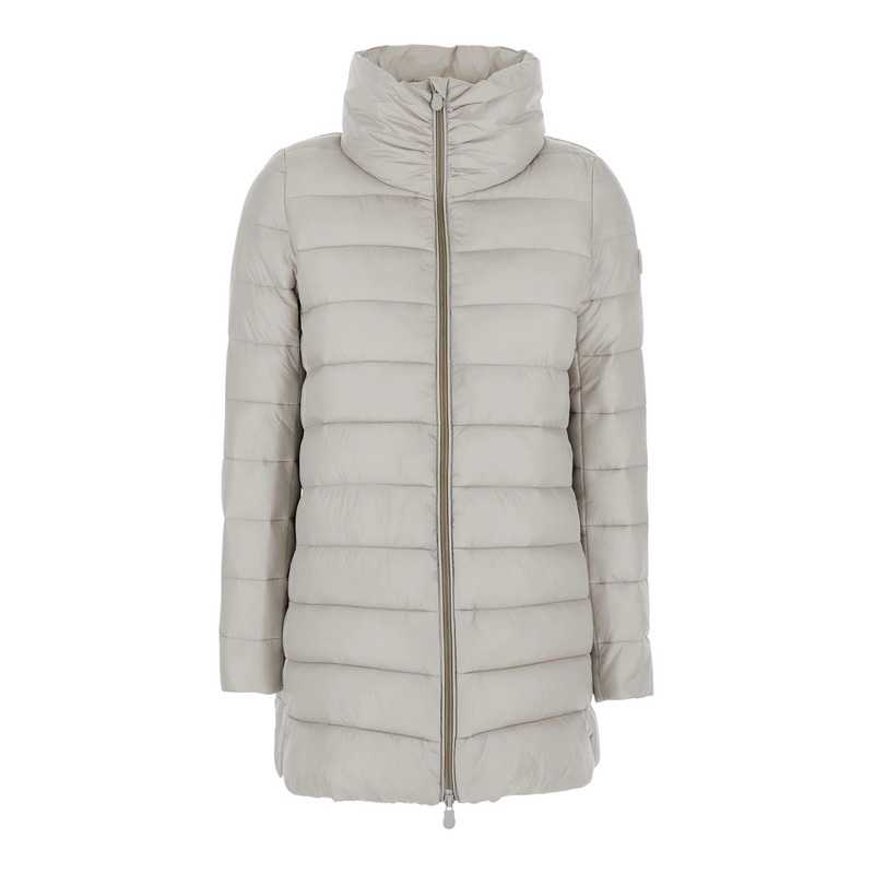 ‘Lydia’ Beige Down Jacket with High Neck and Logo Patch on the Sleeve in Tech Fabric Woman