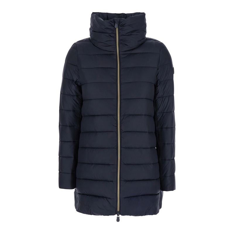 ‘Lydia’ Blue Down Jacket with High Neck and Logo Patch on the Sleeve in Tech Fabric Woman