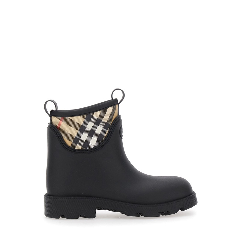 ‘Marsh’ Black Ankle Boots with Embossed EKD Logo and Check Motif in Rubber Woman