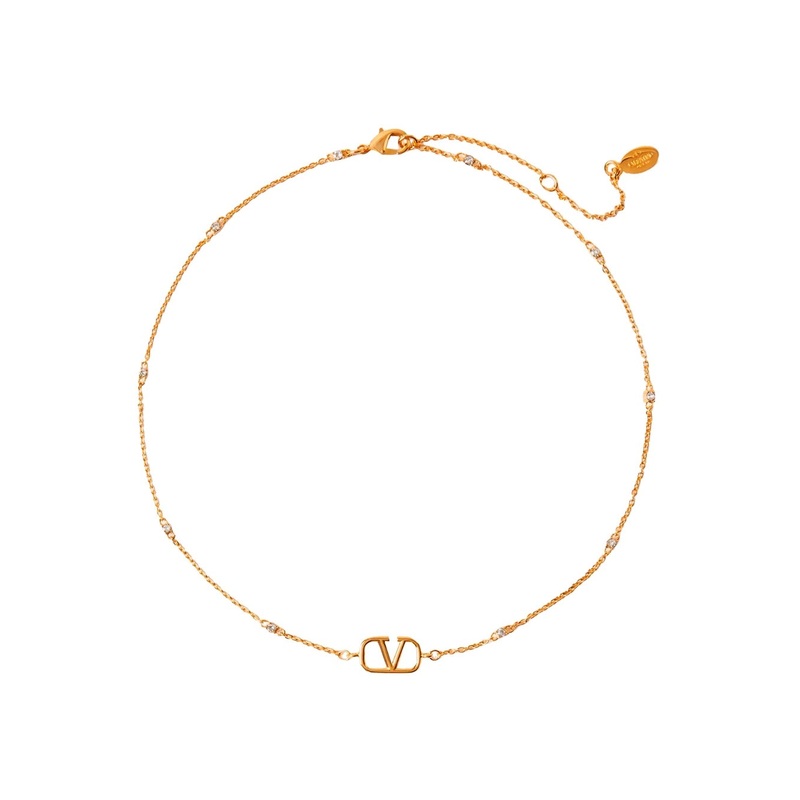 Metallic Rhinestoned Necklace with VLogo in Brass Woman