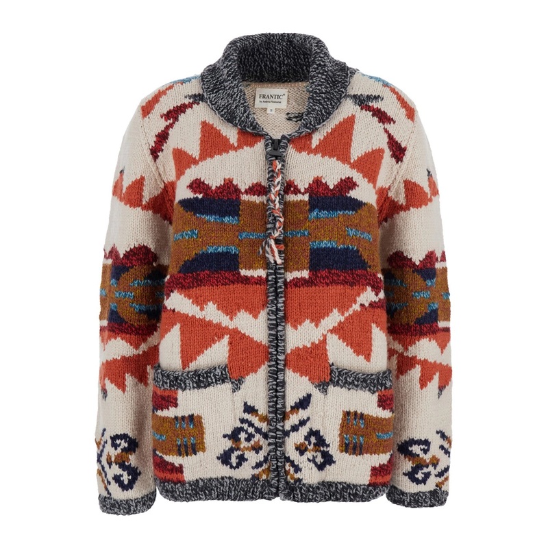 Multicolor Cardigan with Front Zip Closure and All-Over Geometric Motif in Wool Woman