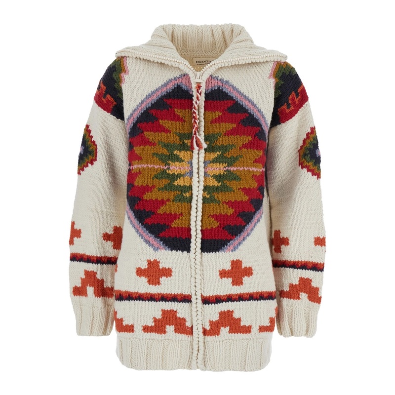 Multicolor Cardigan with Spread Collar and All-Over Geometric Motif in Wool Woman