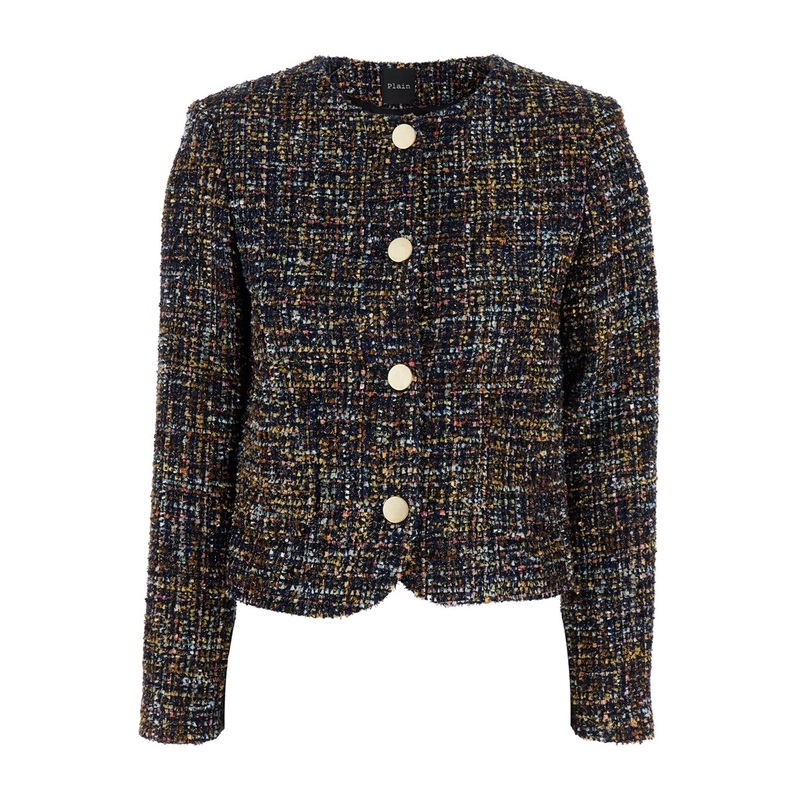 Multicolor Jacket with Round Neck and Front Button Closure in Tweed Woman