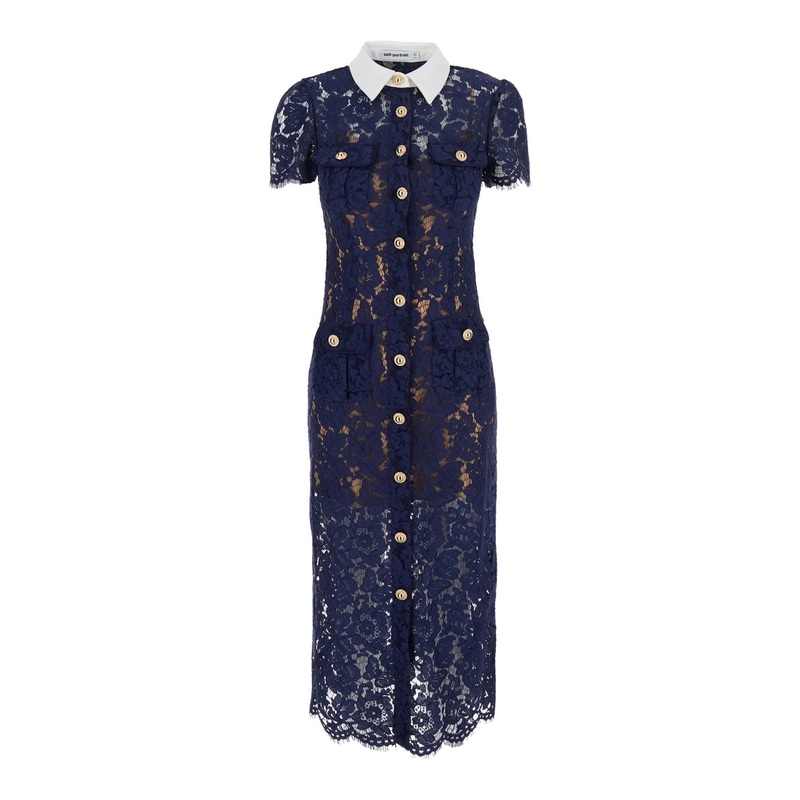 NAVY LACE CONTRAST COLLAR MIDI DRESS