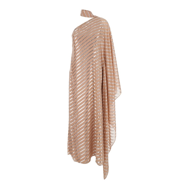 ‘Petra’ Pink One-Shoulder Long Dress with Scarf Detail in Silk Blend Woman