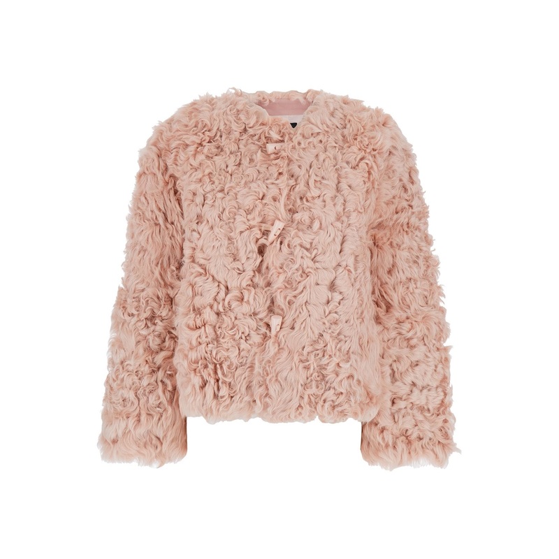 Pink Collarless Fur Jacket with Front Toggle Closure in Fur Woman