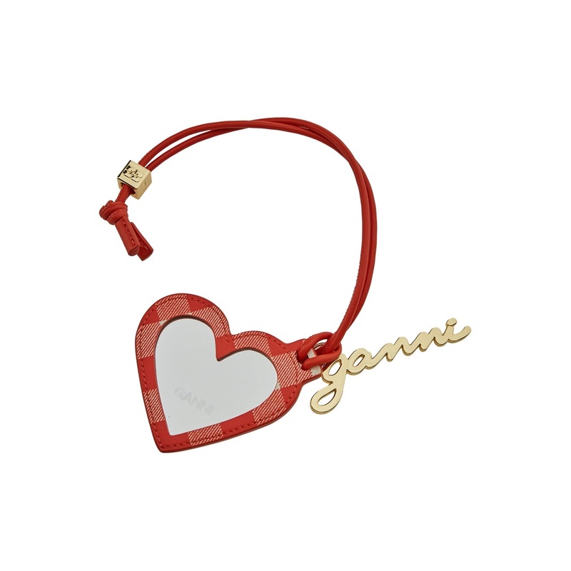 Red Heart Shaped Mirror with Logo Lettering Charm in Tech Fabric and Leather Woman
