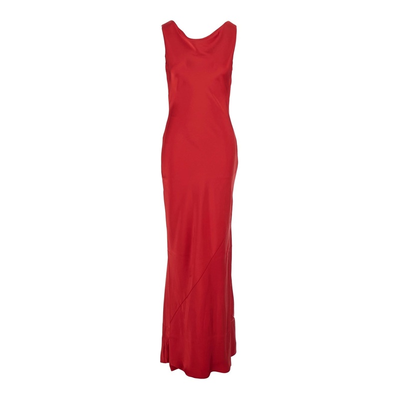 Red Sleeveless Dress with Draped Neckline and Low Rear in Tech Fabric Woman