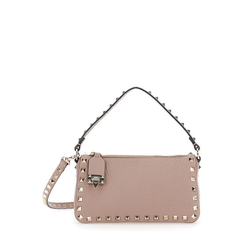 ‘Rockstud’ Pink Small Handbag with All-Over Rockstud Embellishments and Rear Embossed Logo Lettering in Grained Leather Woman