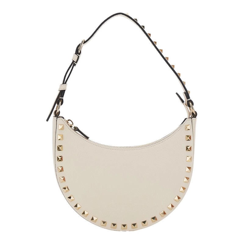 ‘Rockstud’ White Mini Bag with Rockstud Embellishments and Adjustable Shoulder Strap in Grained Leather Woman