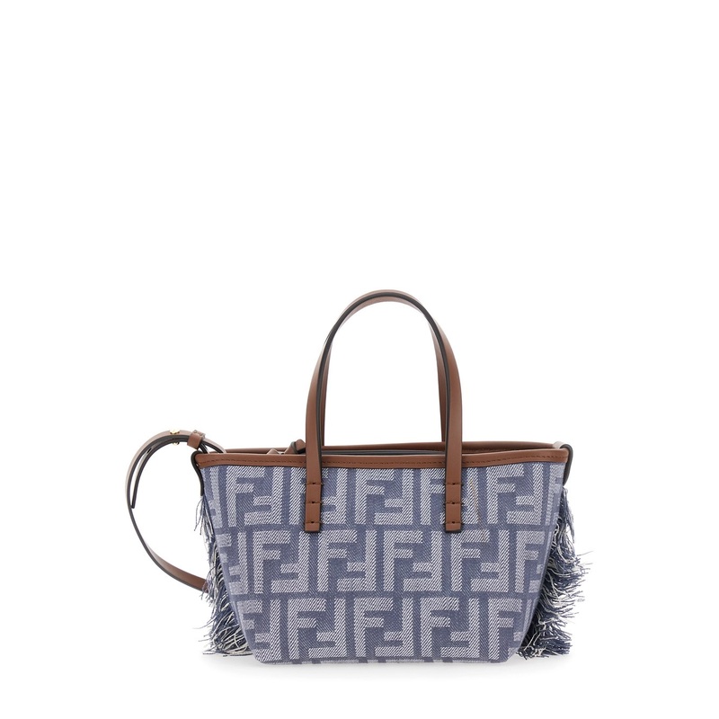 ‘Roll’ Blue Mini Bag with Adjustable and Removable Shoulder Strap and Fringed Details in FF Canvas Woman