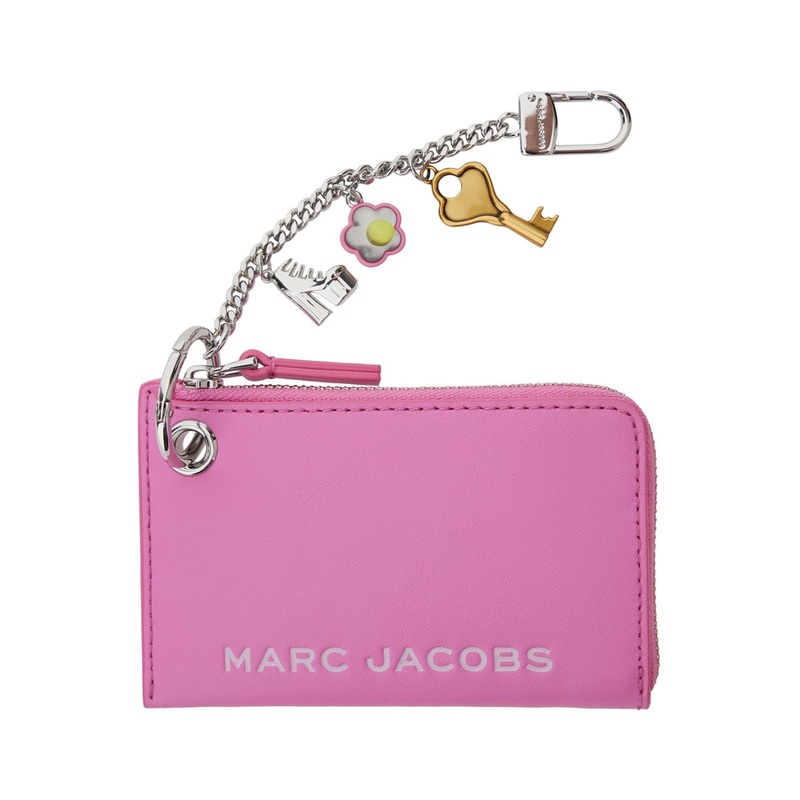 ‘The Coin Purse Charm’ Pink Keychain with Logo Lettering on the Front and Charm Embellishments in Grained Leather Woman