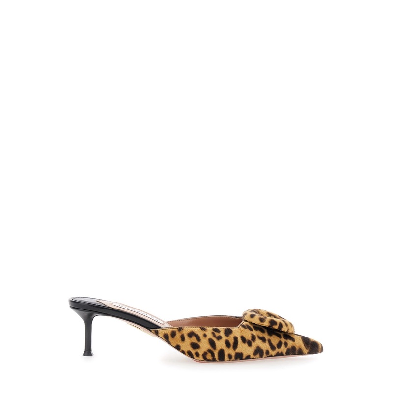 ‘The Hood’ Brown Mules with Bow Detail and Leopard Motif in Suede Woman