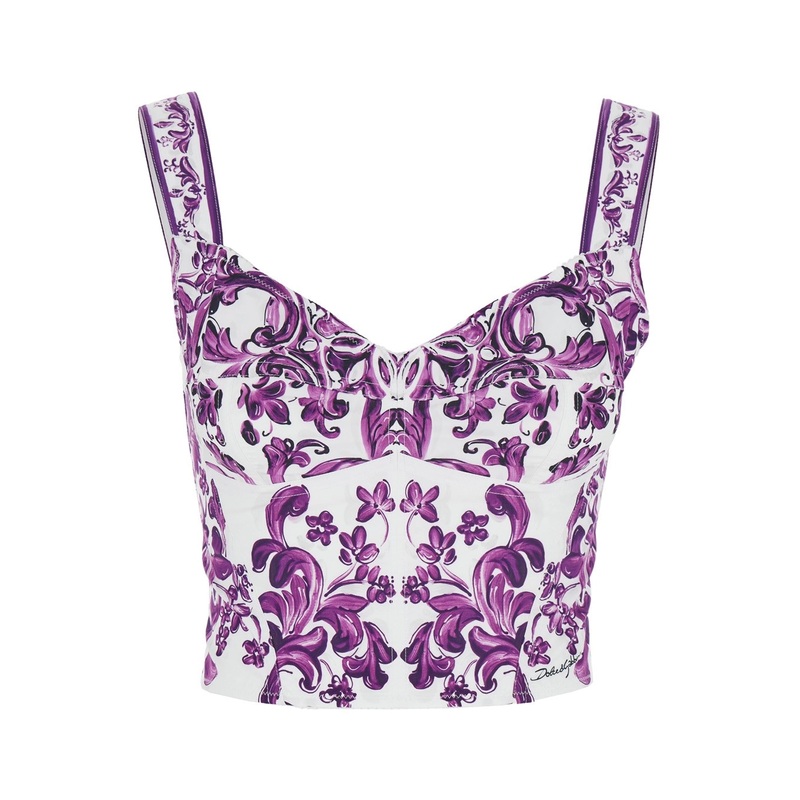Violet Top with Sweetheart Neckline and All-Over Graphic Print in Cotton Blend Woman