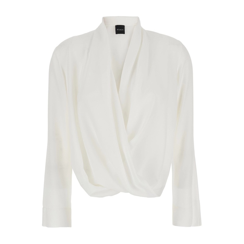 White Blouse with Front Neckline and Ruffles in Fabric Woman