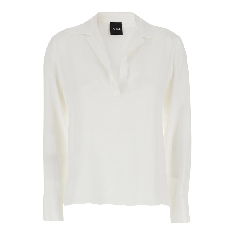 White Blouse with Polo Shirt Style Collar in Cotton Woman