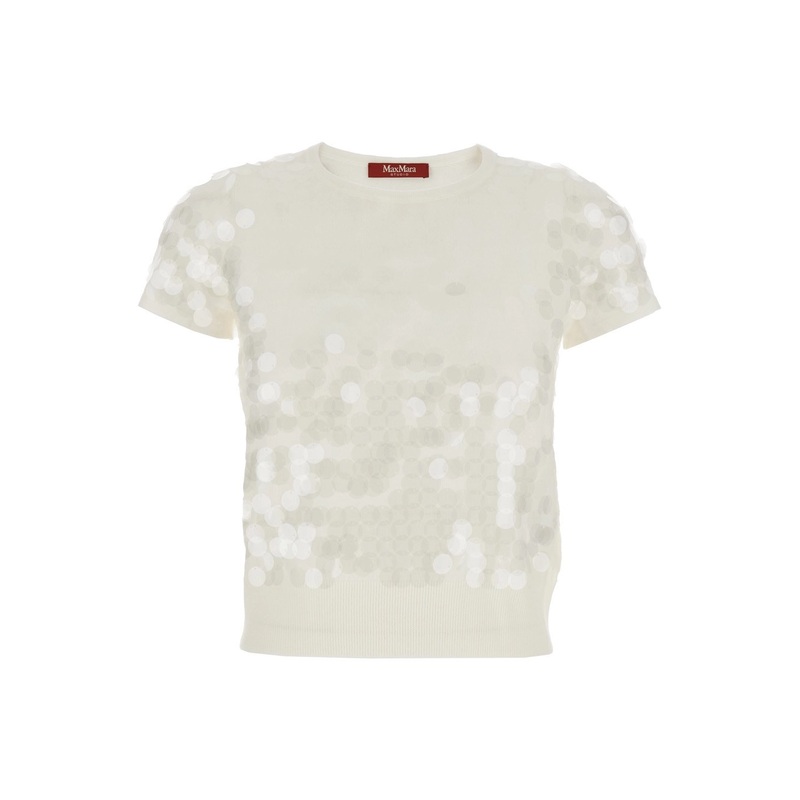 White Crew Neck T-Shirt with All-Over Applied Circles in Fabric Woman