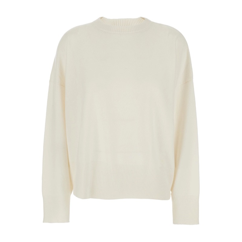 White Crewneck Sweater with Ribbed Trims in Cashmere Woman