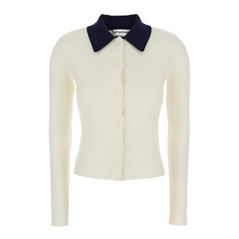 White Cropped Cardigan with Contrasting Collar and Tonal Button Closure in Wool Woman