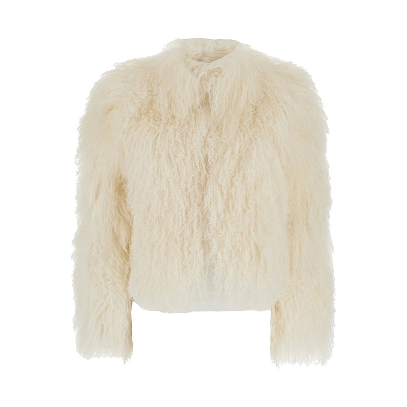 White Cropped Fur Jacket with Concealed Front Closure in Shearling Fur Woman