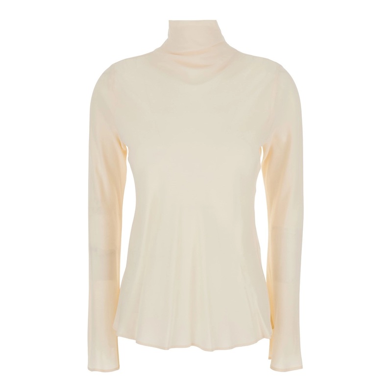 White Flared Blouse with High Neck in Silk Blend Woman