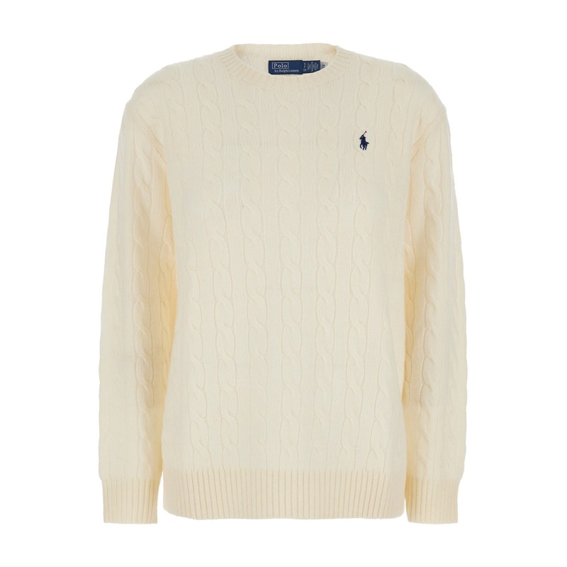 White Knit Crewneck Sweater with Pony Embroidery in Wool and Cashmere Woman