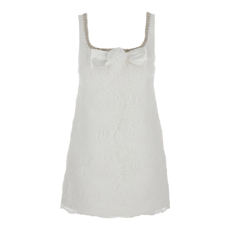 White Mini Dress with Square Neck and Bow Detail on the Front in Tech Fabric Woman