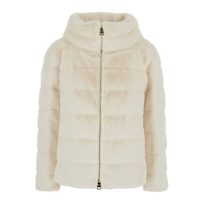 White Quilted Down Jacket with Front Zip Closure in Ecofur Woman