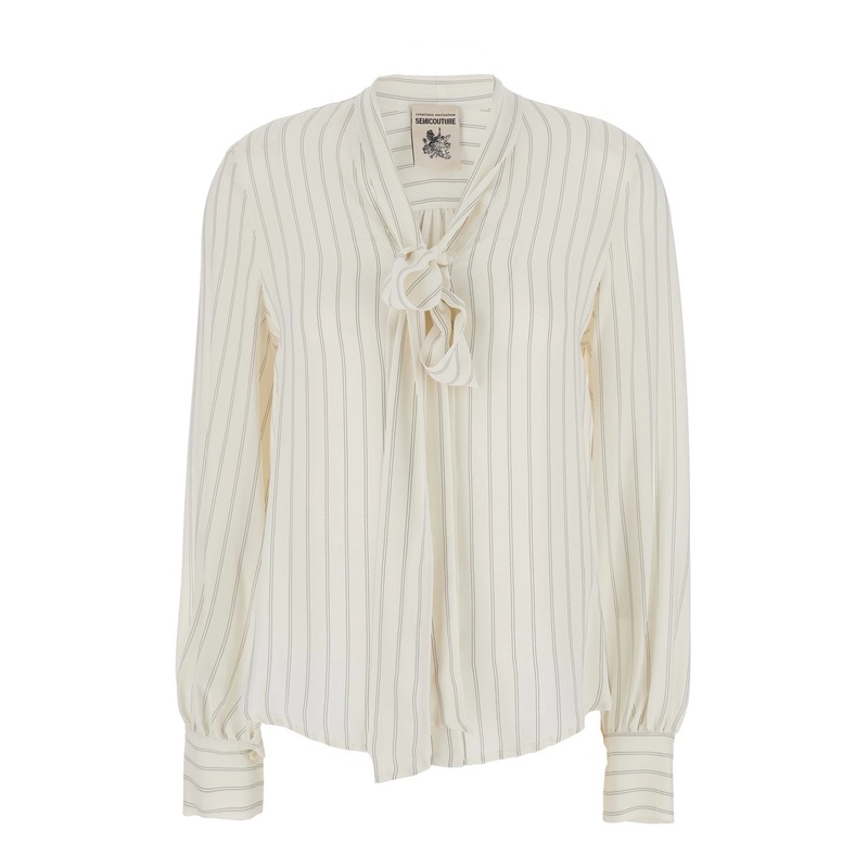 White Shirt with Tie Detail on the Front and All-Over Striped Motif in Silk Blend Woman